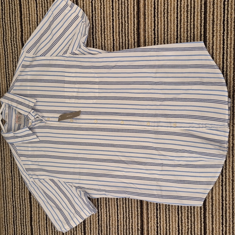 J CREW Secret Wash White Blue Striped Cotton Mens Large Short Sleeve Shirt NEW - Picture 8 of 9